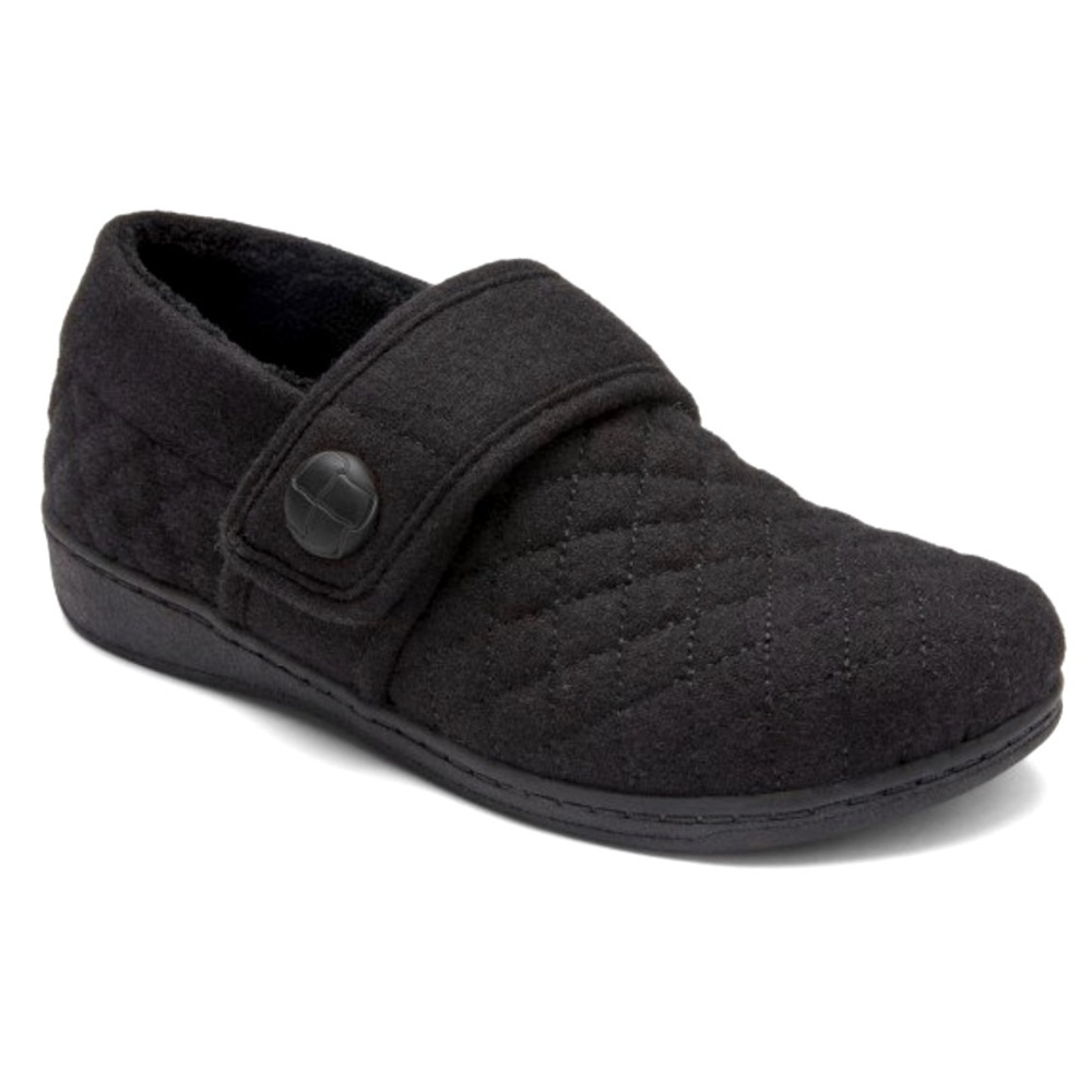 EUC BLACK FLANNEL VIONIC JACKIE COMFORT SUPPORT SLIPPER in box 7